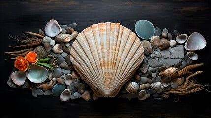 Artistically arranged Triton shell with driftwood and sea glass on a dark slate background, artistic marine composition - obrazy, fototapety, plakaty