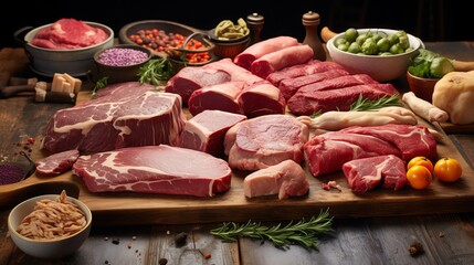 Assorted raw meats including beef, pork, and chicken neatly arranged on a butchers block, showcasing variety and freshness