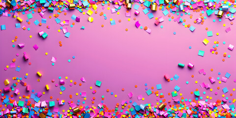 Scattered Colorful Confetti with Pink Background, Festive Pink Confetti Overlay