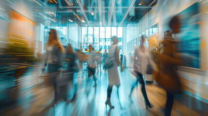Hustling Professionals in a Modern Office Corridor During Peak Hours