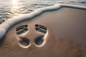 Pisadas de pies en la arena de la playa junto a la orilla, mientras rompe la espuma - obrazy, fototapety, plakaty