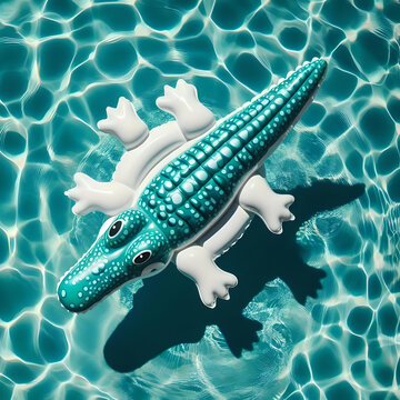 Flotador con forma de cocodrilo de color azul verdoso y blanco en piscina con causticas