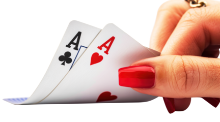 Two poker aces cards with woman's hand isolated on transparent background.