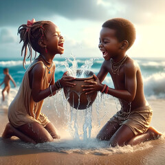 Una niña y un niño de color, felices jugando en la orilla de la playa de cuclillas, salpicándose agua y riendo mientras las olas rompen al fondo.