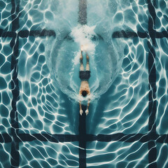Un hombre nadando en posición vertical bajo el agua clara y azul de una piscina con causticas.
 - obrazy, fototapety, plakaty