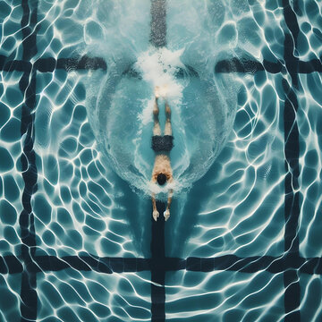 Un hombre nadando en posición vertical bajo el agua clara y azul de una piscina con causticas.
