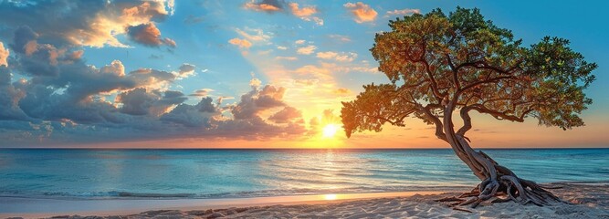 An exquisite beach landscape with the water, trees, and sunsets. The water is visible in the backdrop, while the tree is situated on the sand. - obrazy, fototapety, plakaty