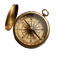 A vintage compass with a brass finish, open and pointing north-east, on a transparent background