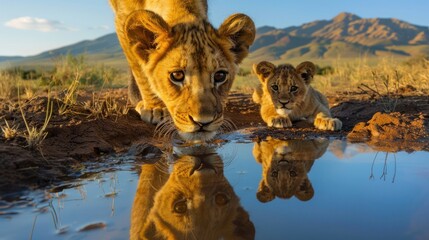 Lion cub looks at the reflection of an adult lion in the water on the background of mountains