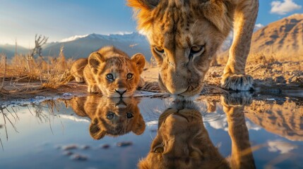 Lion cub looks at the reflection of an adult lion in the water on the background of mountains