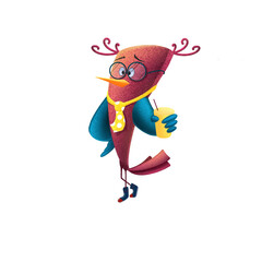 Funny cartoon bird character with cup and tie in glasses