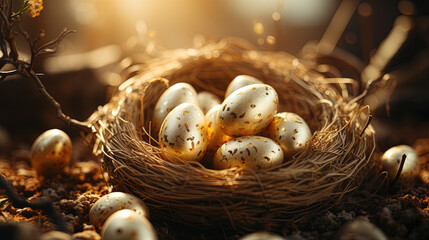 Beautiful Seasonal Easter Eggs In The Nest During Sunrise Selective Focus