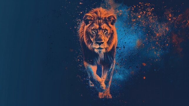Abstract image of a lion walking forward on a dark blue background with watercolor splashes in artistic style.