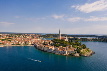 Rovinj, Croatia: Boat sailing around the Rovinj medieval old town with its Venetian campanile in...
