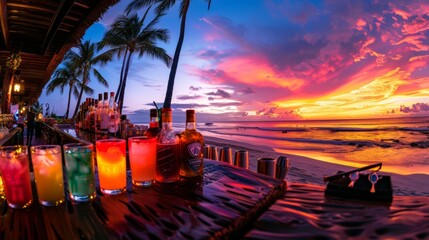 A panorama of a tropical cocktail bar at sunset, with colorful drinks displayed on the counter - obrazy, fototapety, plakaty