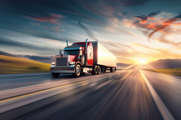 Semi truck in motion on highway at sunset, ideal for logistics and transport themes.