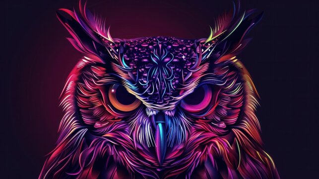 Photo of an owl. Abstract image. Neon. Graphic image of an owl in pop art style on a black background.
