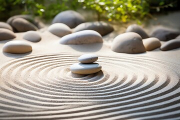 Fototapeta na wymiar Zen garden with raked sand patterns around smooth stones, promoting mindfulness and tranquility in a serene setting