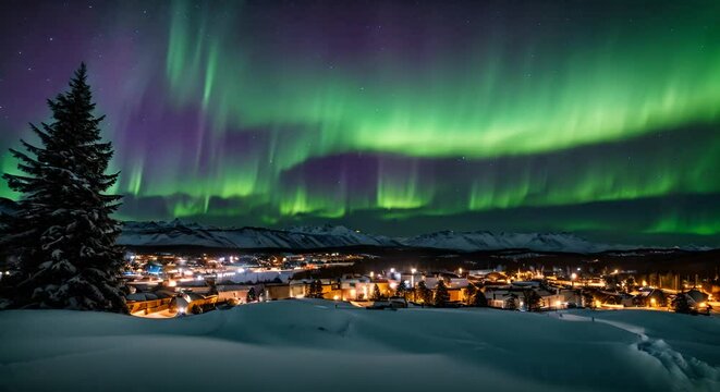 Northern lights over a city.	
