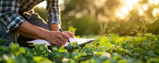 An organic farmer evaluating a crop rotation plan on a clipboard, strategic farming to maintain soil health, ideal for text on the left - obrazy, fototapety, plakaty