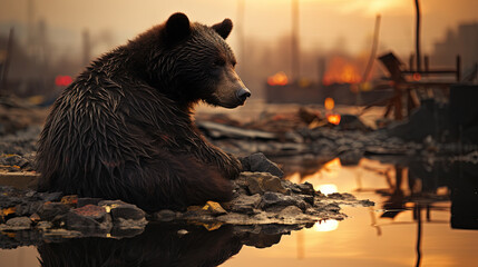 Sad Big Brown Bear Sitting At A River Side in Industrial Area During Sunset Global Warming Concept - obrazy, fototapety, plakaty