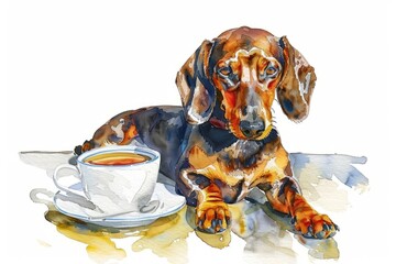 Dachshund sitting at a cafe with cup of coffee. Dog friendly places concept. Emotional support concept. Watercolor illustration. - obrazy, fototapety, plakaty