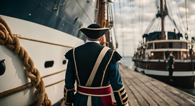 European explorer next to a ship.	
