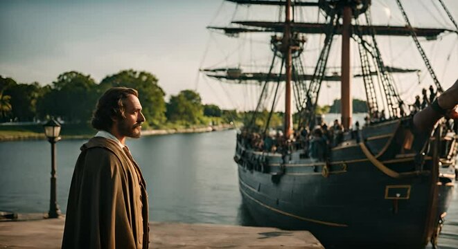European explorer next to a ship.	
