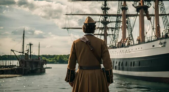 European explorer next to a ship.	
