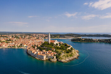 Rovinj, Croatia: Dramatic aerial view of the famous Rovinj medieval old town with its Venetian...