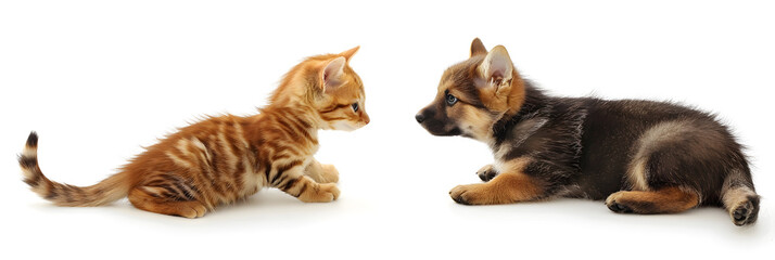 Baby German Shepherd dog and baby cat Scottish Straight sitting together, Playful cat Scottish Straight and puppy German Shepherd on white transparent background for friendship concept  

 