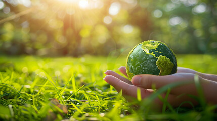 Hand holding earth on green grass, ESG, Environement care