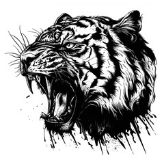 Hand-drawn portrayal of a fierce tiger, perfect for coloring, tattoo concept featuring undead animal aesthetics, Isolated on Transparent Background, PNG