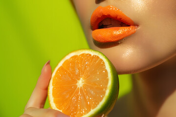 a woman's lips glossed with vibrant orange - obrazy, fototapety, plakaty