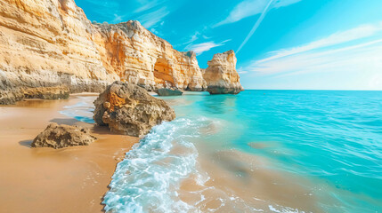 Algarve Portugal. Sandstone rocks and turquoise water