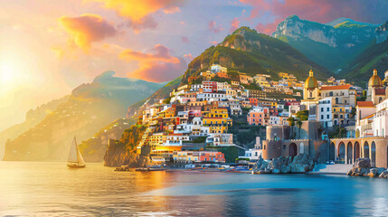 Amalfi coast at sunset Italy. Beautiful view of Amalfi - obrazy, fototapety, plakaty