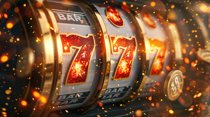 Close-Up View of a Slot Machine Display Showing Lucky Sevens at a Casino
