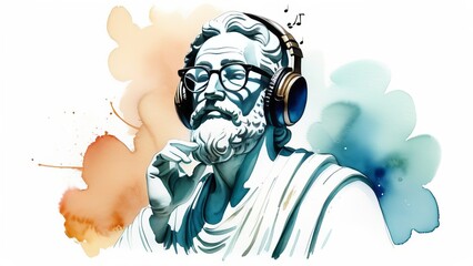 Ancient statue or sculpture wearing headphones and sunglasses. Watercolor style - obrazy, fototapety, plakaty