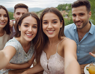 Happy woman taking selfie with friends while gathering for lunch party on patio. - obrazy, fototapety, plakaty