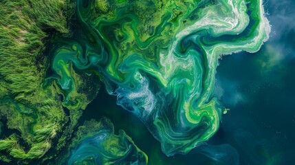 An aerial view of a large algal bloom with various shades of green and blue creating a swirling and mottled pattern on the waters