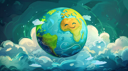 Obraz premium Smiling Earth with clouds and love hearts, whimsical.