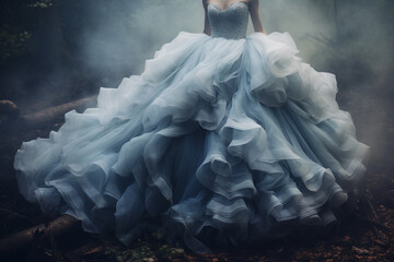 A bride in a voluminous blue dress stands amidst a foggy woodland setting, evoking a mystical aura - obrazy, fototapety, plakaty