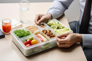 Person is eating healthy balanced lunch at work. Prepared meal ready to eat at office. Lunch in container for office worker. Having lunch at work