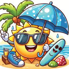 Free vector happy sun with sunglasses and umbrella cartoon illustration
