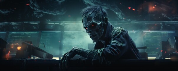 A chilling, atmospheric image of a zombie reflected in the screen of a Bitcoin trading terminal, depicted in a dark and moody design style. Space for text. - obrazy, fototapety, plakaty
