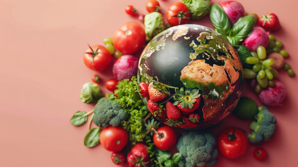 Globe Surrounded by Fruits and Vegetables on Pink Background