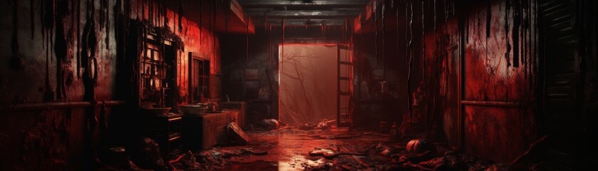 A blood-curdling, indoor hideout zombie-themed image with the highest clarity in a suspense and thriller design style. Space for text. - obrazy, fototapety, plakaty