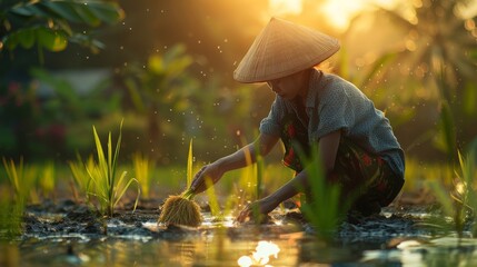 Visualize a rice farmer engaging in the early morning planting of rice, efficient and serene on an isolated background, space for messages - obrazy, fototapety, plakaty