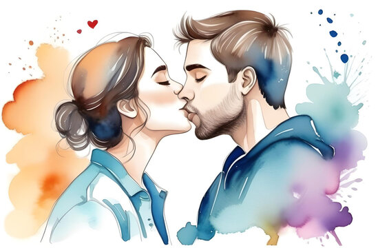 Couple in love kissing. Watercolor paints