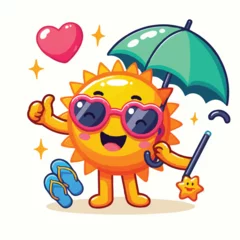 Fotobehang Free vector happy sun with sunglasses and umbrella cartoon illustration © MdAbdullah